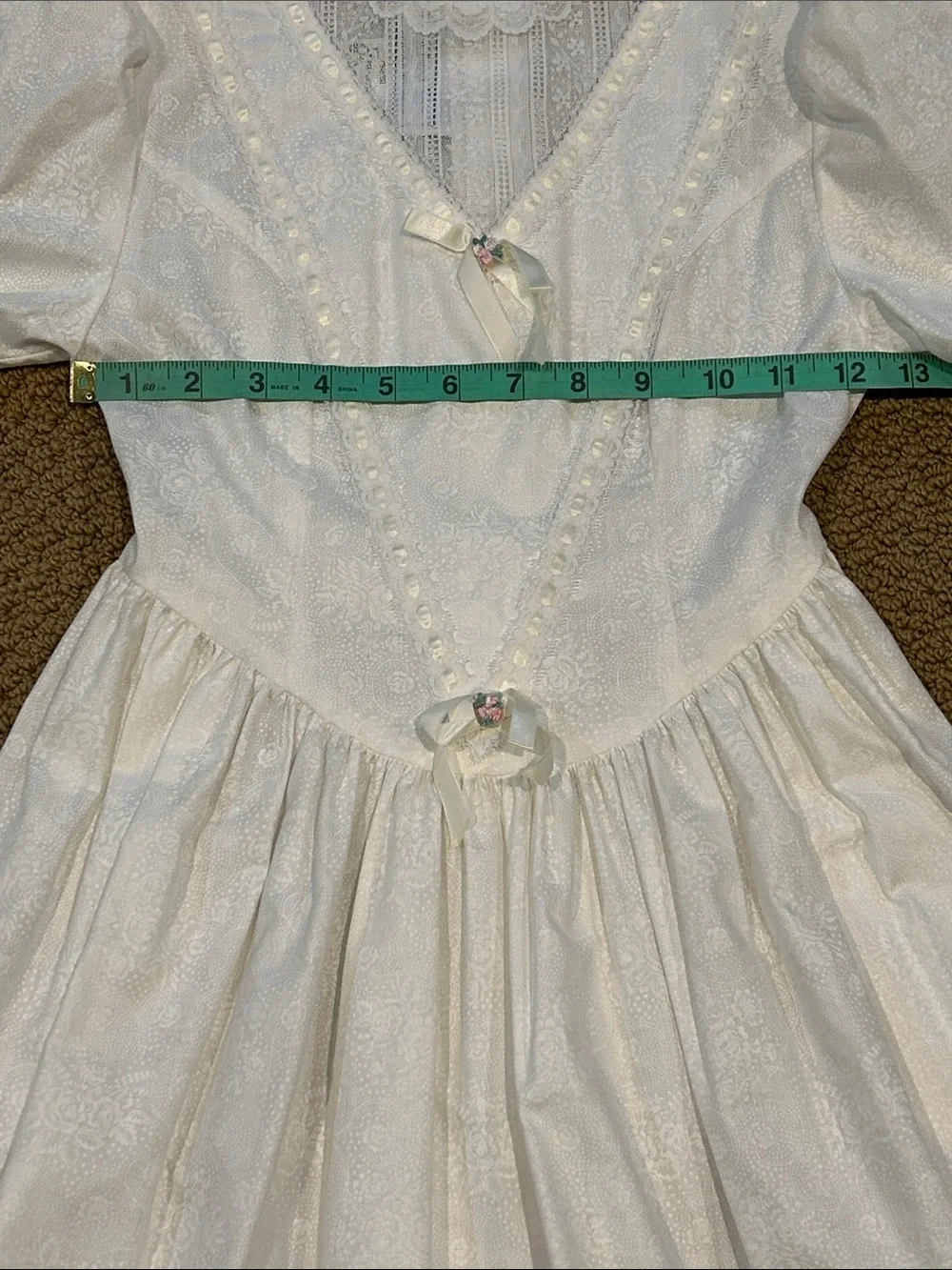 Vintage Gunne Sax Girls White Prairie Dress size 7 Floral Lace Ribbon Bow